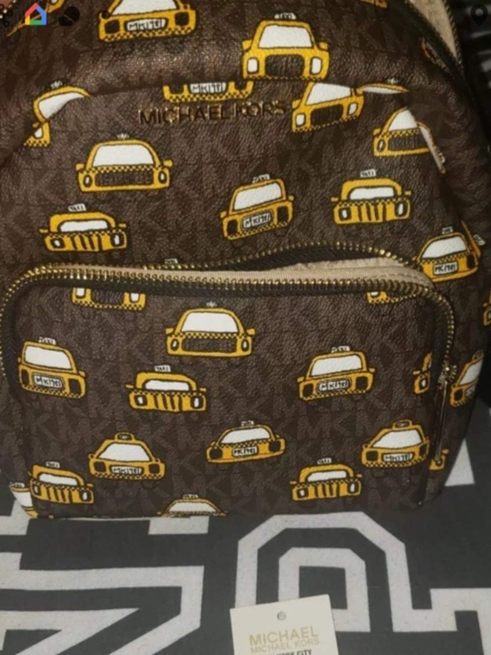Michael Kors Brown and Yellow Taxi-Print Mini Backpack
